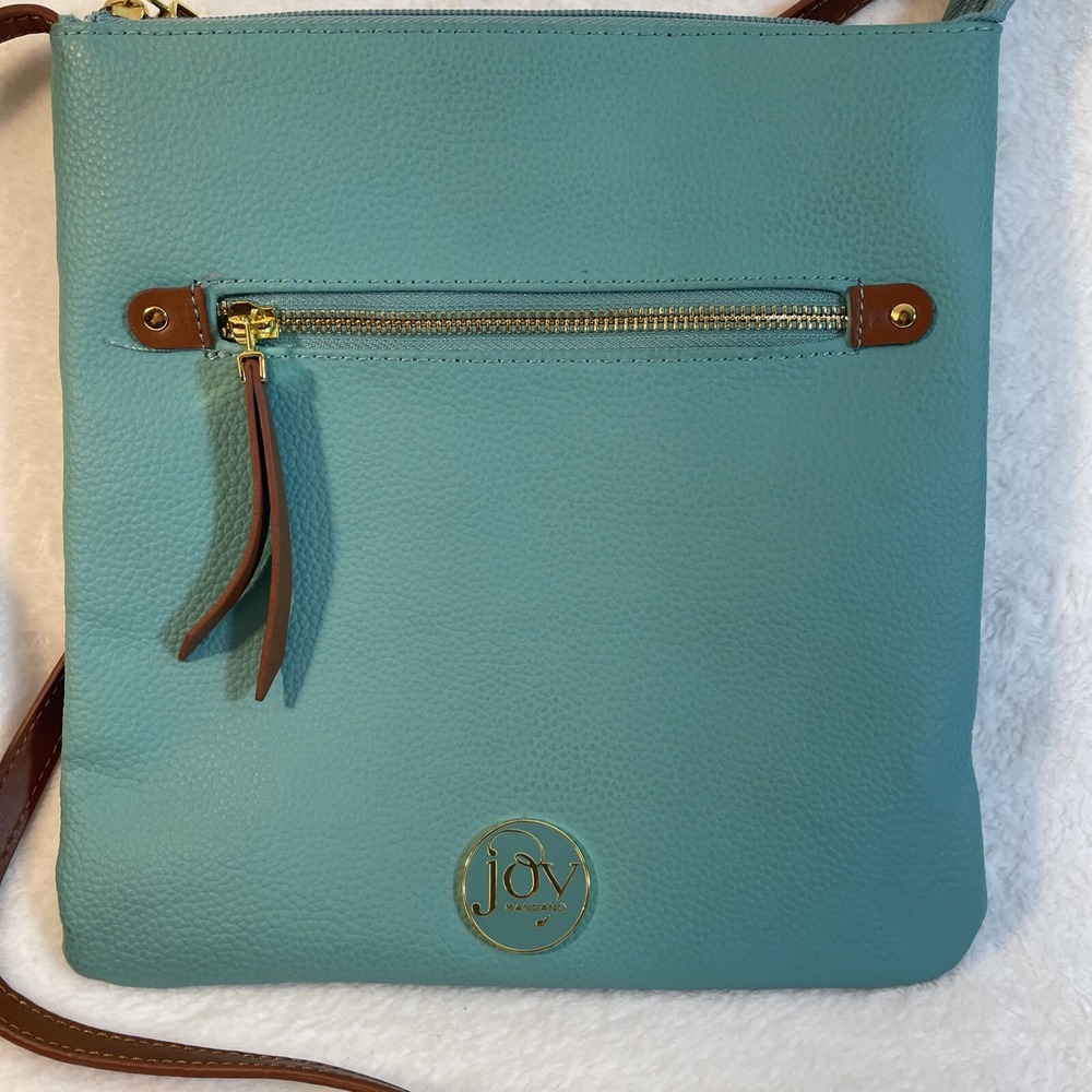 Joy Mangano Pebbled 100% Leather Turquoise/Brown Square‎ Crossbody Bag Purse